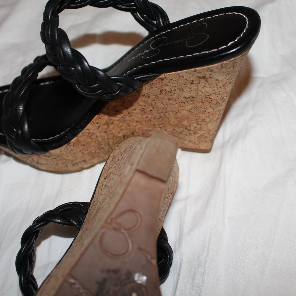 Jessica Simpson Black Leather Braided 2-Strap Cork Platform Wedge Sandals - Picture 16 of 16